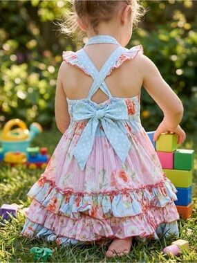 Olive Mae Girls Floral Ruffle Dress in Pink and Blue